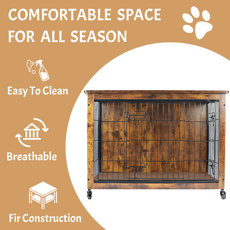 Kandang anjing gaya furnitur kayu dalam ruangan dengan bantal & roda Kandang anjing gaya furnitur kayu dalam ruangan dengan bantal & roda