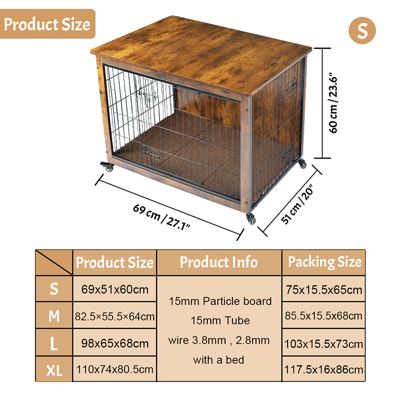 Kandang anjing gaya furnitur kayu dalam ruangan dengan bantal & roda Kandang anjing gaya furnitur kayu dalam ruangan dengan bantal & roda