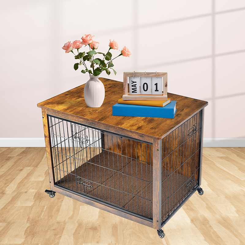 Kandang anjing gaya furnitur kayu dalam ruangan dengan bantal & roda Kandang anjing gaya furnitur kayu dalam ruangan dengan bantal & roda