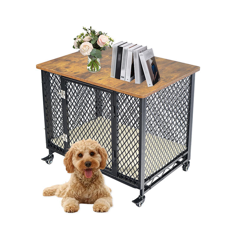 Gaya furnitur kandang anjing kayu besar dengan roda & bantal Gaya furnitur kandang anjing kayu besar dengan roda & bantal