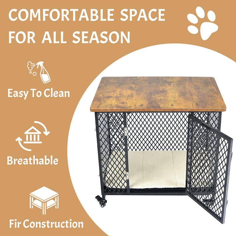 Gaya furnitur kandang anjing kayu besar dengan roda & bantal Gaya furnitur kandang anjing kayu besar dengan roda & bantal