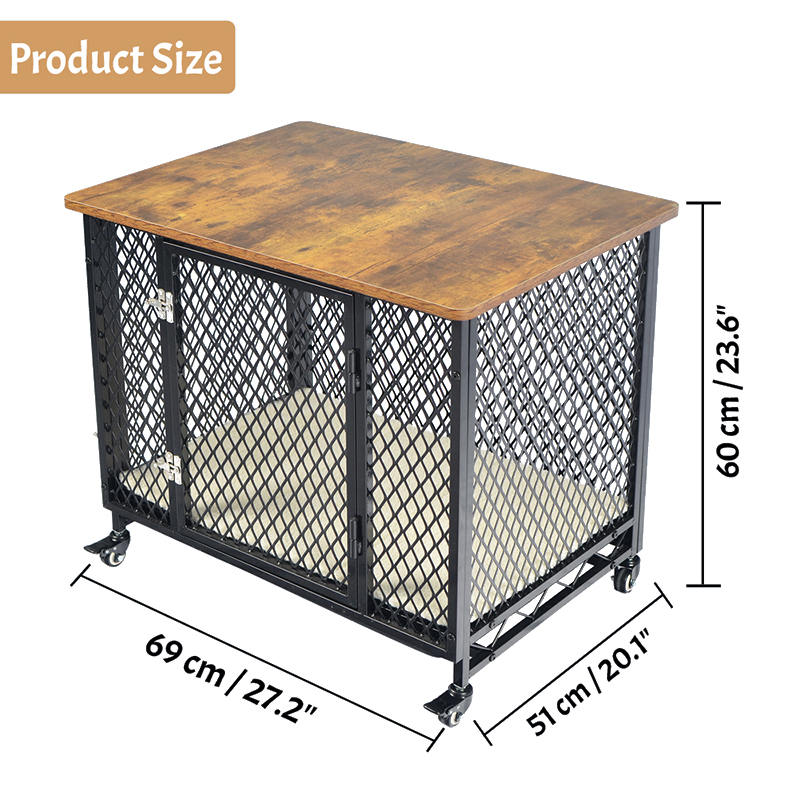 Gaya furnitur kandang anjing kayu besar dengan roda & bantal Gaya furnitur kandang anjing kayu besar dengan roda & bantal