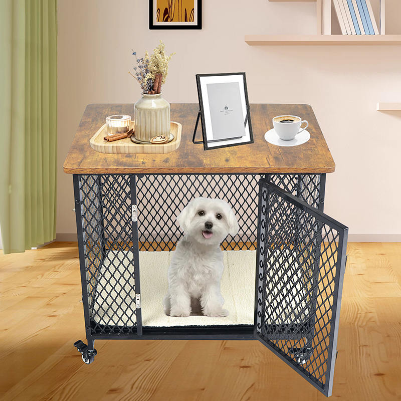 Gaya furnitur kandang anjing kayu besar dengan roda & bantal Gaya furnitur kandang anjing kayu besar dengan roda & bantal