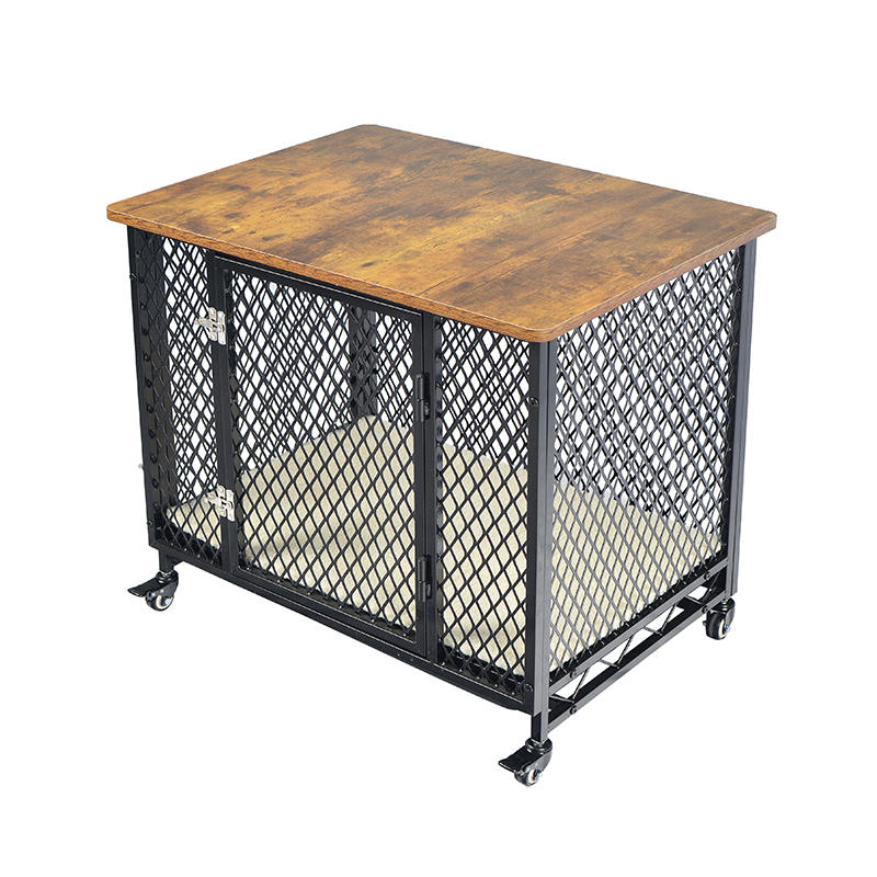 Gaya furnitur kandang anjing kayu besar dengan roda & bantal Gaya furnitur kandang anjing kayu besar dengan roda & bantal