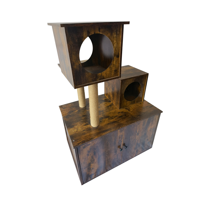 Menara Kucing Kayu Bingkai Panjat Pohon Kucing Indoor Dengan Kotak Sampah