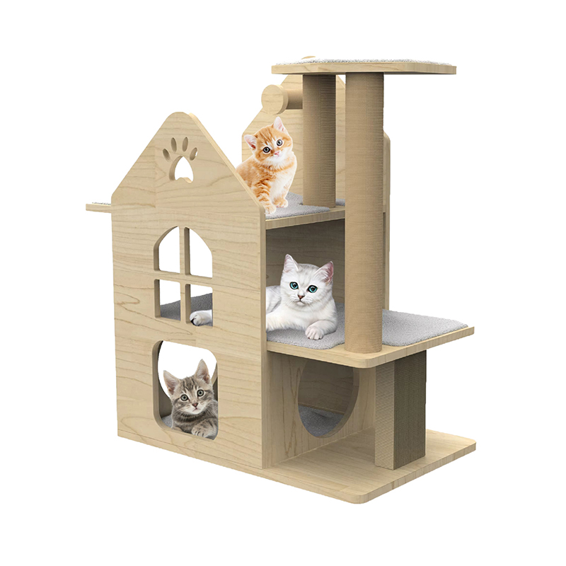 Rumah kucing menara kayu indoor dengan panjat tiang goresan sisal pohon kucing Rumah kucing menara kayu indoor dengan panjat tiang goresan sisal pohon kucing