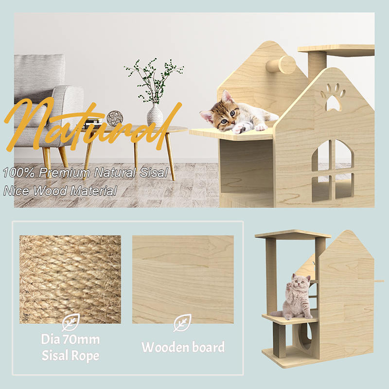 Rumah kucing menara kayu indoor dengan panjat tiang goresan sisal pohon kucing Rumah kucing menara kayu indoor dengan panjat tiang goresan sisal pohon kucing