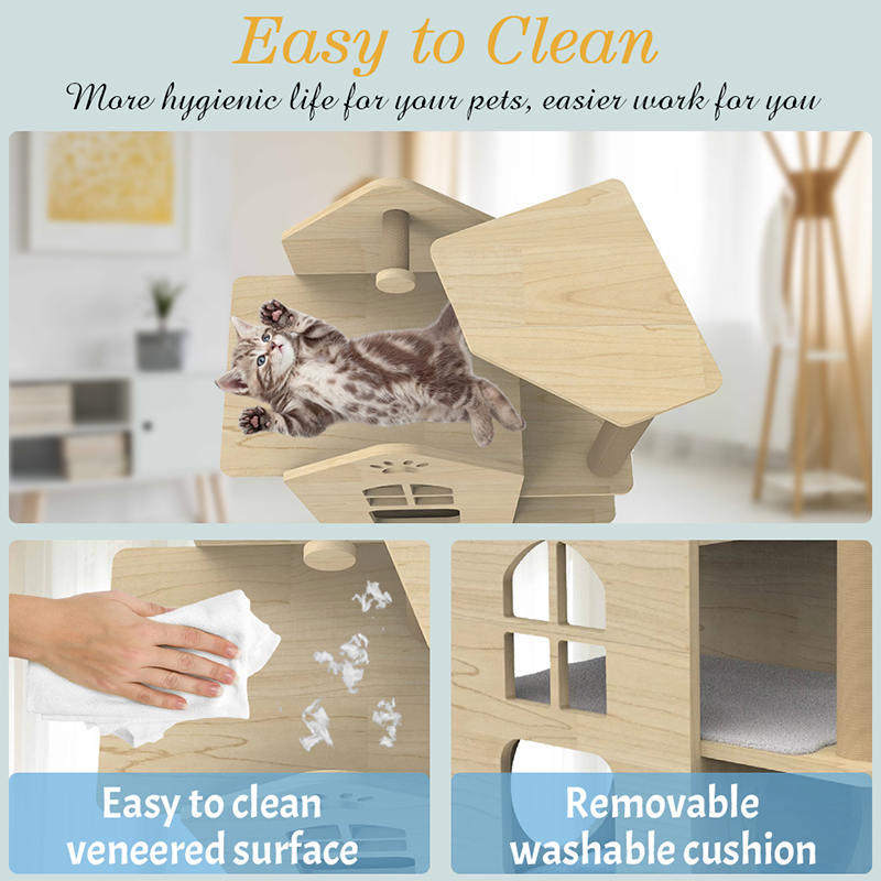 Rumah kucing menara kayu indoor dengan panjat tiang goresan sisal pohon kucing Rumah kucing menara kayu indoor dengan panjat tiang goresan sisal pohon kucing