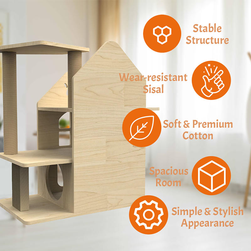 Rumah kucing menara kayu indoor dengan panjat tiang goresan sisal pohon kucing Rumah kucing menara kayu indoor dengan panjat tiang goresan sisal pohon kucing