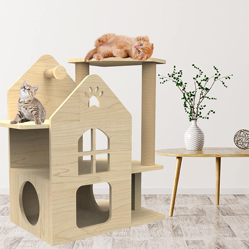 Rumah kucing menara kayu indoor dengan panjat tiang goresan sisal pohon kucing Rumah kucing menara kayu indoor dengan panjat tiang goresan sisal pohon kucing