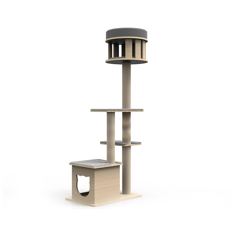 Menara kayu dalam ruangan dengan panjat tiang goresan sisal pohon kucing Menara kayu dalam ruangan dengan panjat tiang goresan sisal pohon kucing