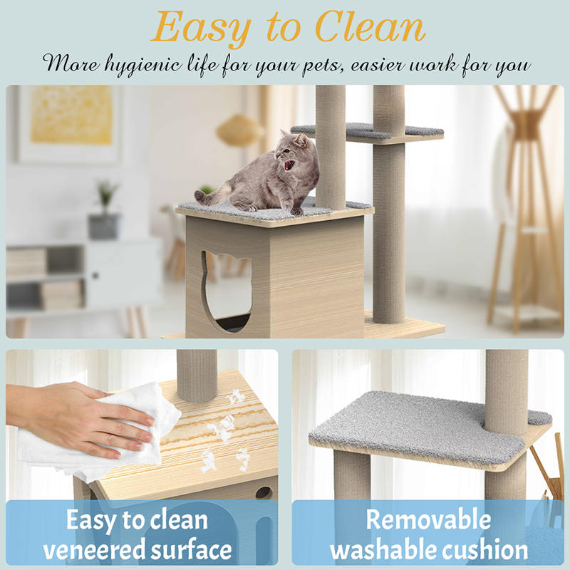 Menara kayu dalam ruangan dengan panjat tiang goresan sisal pohon kucing Menara kayu dalam ruangan dengan panjat tiang goresan sisal pohon kucing