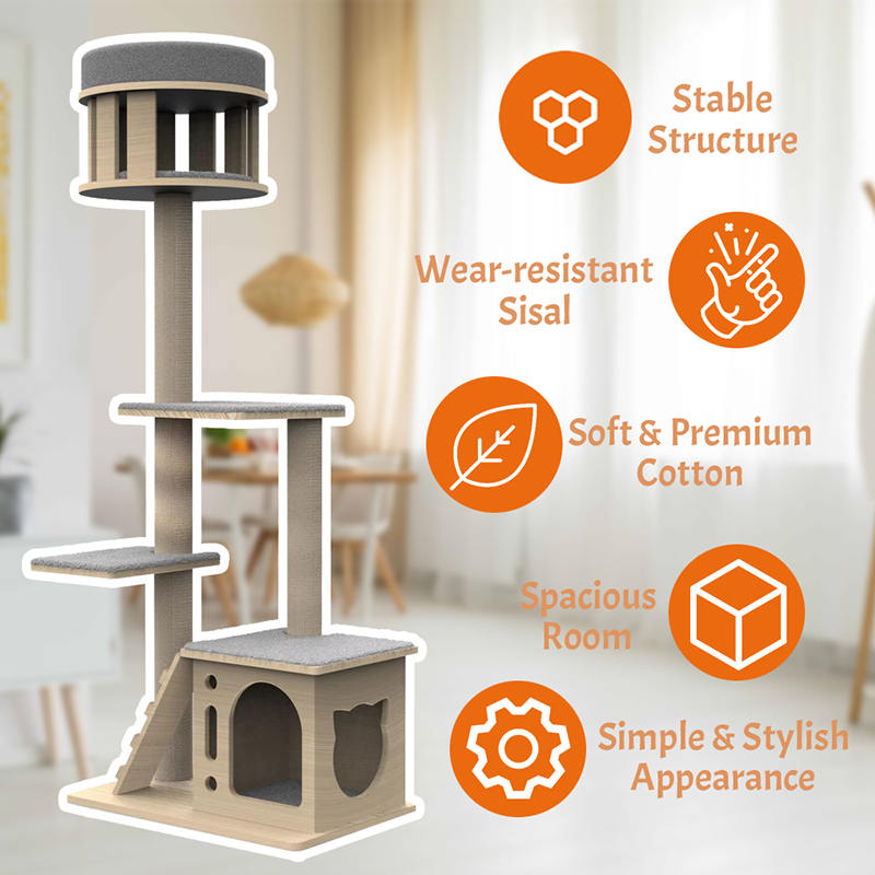 Menara kayu dalam ruangan dengan panjat tiang goresan sisal pohon kucing Menara kayu dalam ruangan dengan panjat tiang goresan sisal pohon kucing