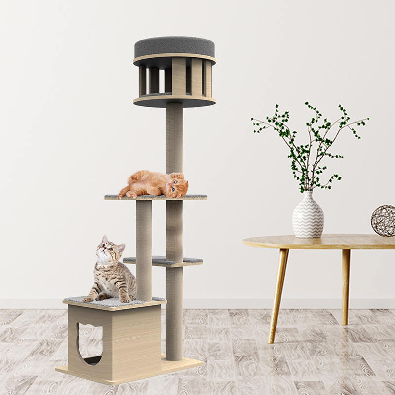 Menara kayu dalam ruangan dengan panjat tiang goresan sisal pohon kucing Menara kayu dalam ruangan dengan panjat tiang goresan sisal pohon kucing