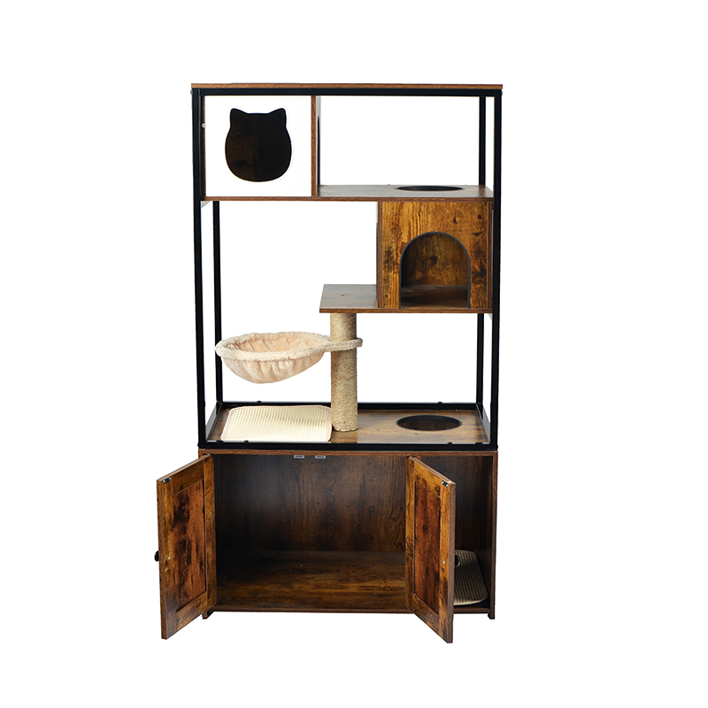 Pohon kucing kondominium menara dalam ruangan dengan tempat tidur gantung & kabinet sampah Pohon kucing kondominium menara dalam ruangan dengan tempat tidur gantung & kabinet sampah