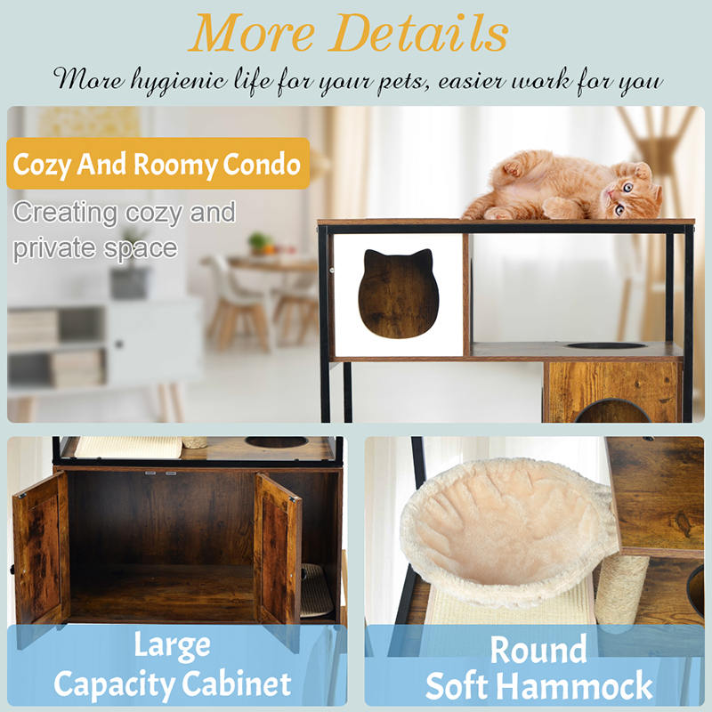 Pohon kucing kondominium menara dalam ruangan dengan tempat tidur gantung & kabinet sampah Pohon kucing kondominium menara dalam ruangan dengan tempat tidur gantung & kabinet sampah