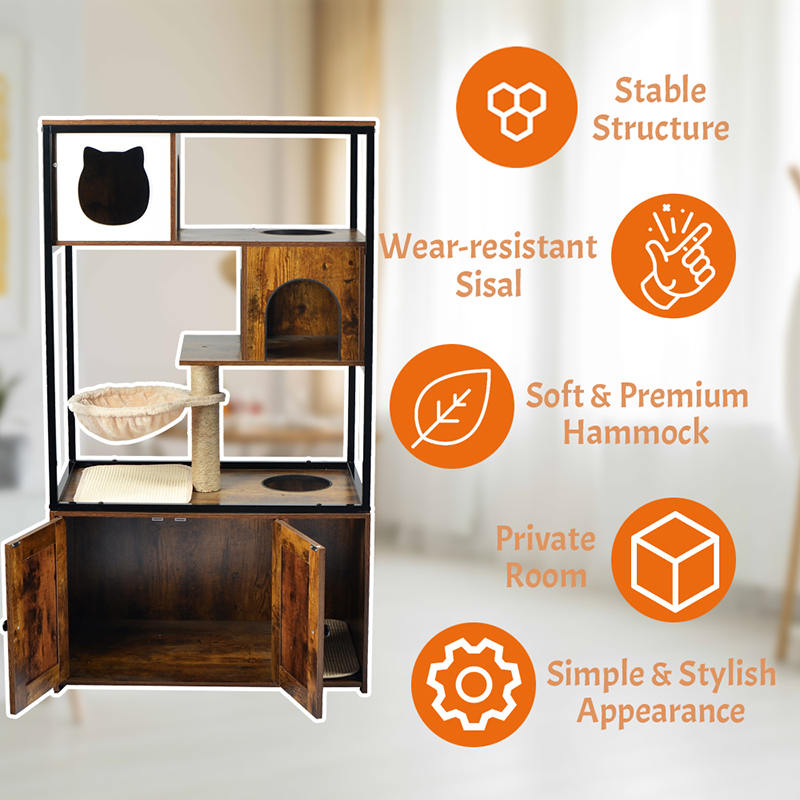 Pohon kucing kondominium menara dalam ruangan dengan tempat tidur gantung & kabinet sampah Pohon kucing kondominium menara dalam ruangan dengan tempat tidur gantung & kabinet sampah