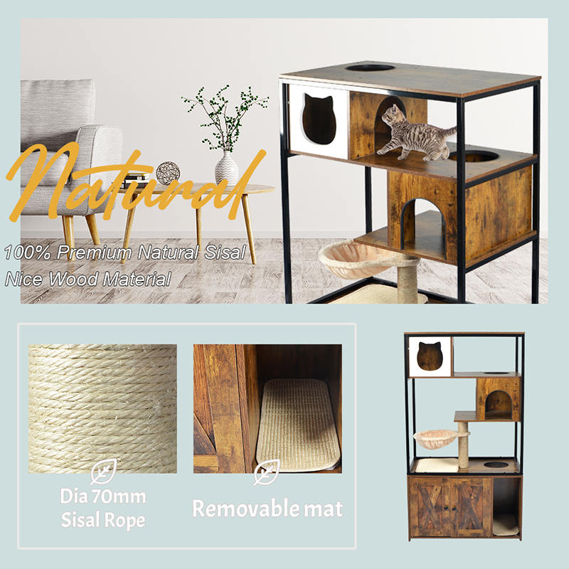 Pohon kucing kondominium menara dalam ruangan dengan tempat tidur gantung & kabinet sampah Pohon kucing kondominium menara dalam ruangan dengan tempat tidur gantung & kabinet sampah