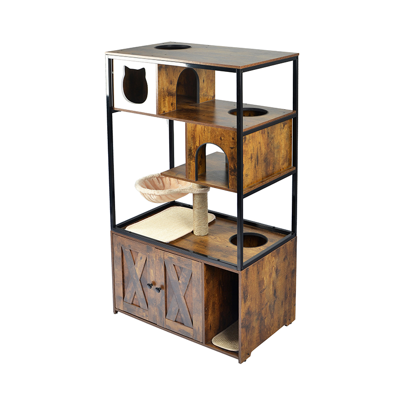 Pohon kucing kondominium menara dalam ruangan dengan tempat tidur gantung & kabinet sampah Pohon kucing kondominium menara dalam ruangan dengan tempat tidur gantung & kabinet sampah